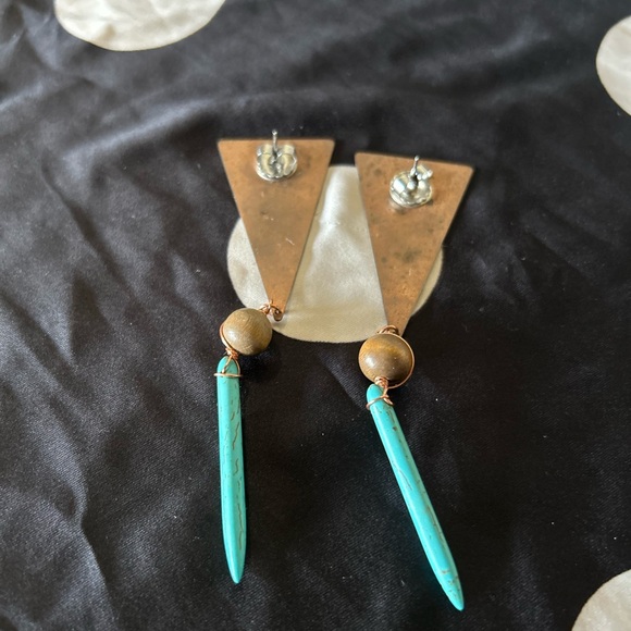 Geometric Brass and Turquoise Earrings - Picture 3 of 4